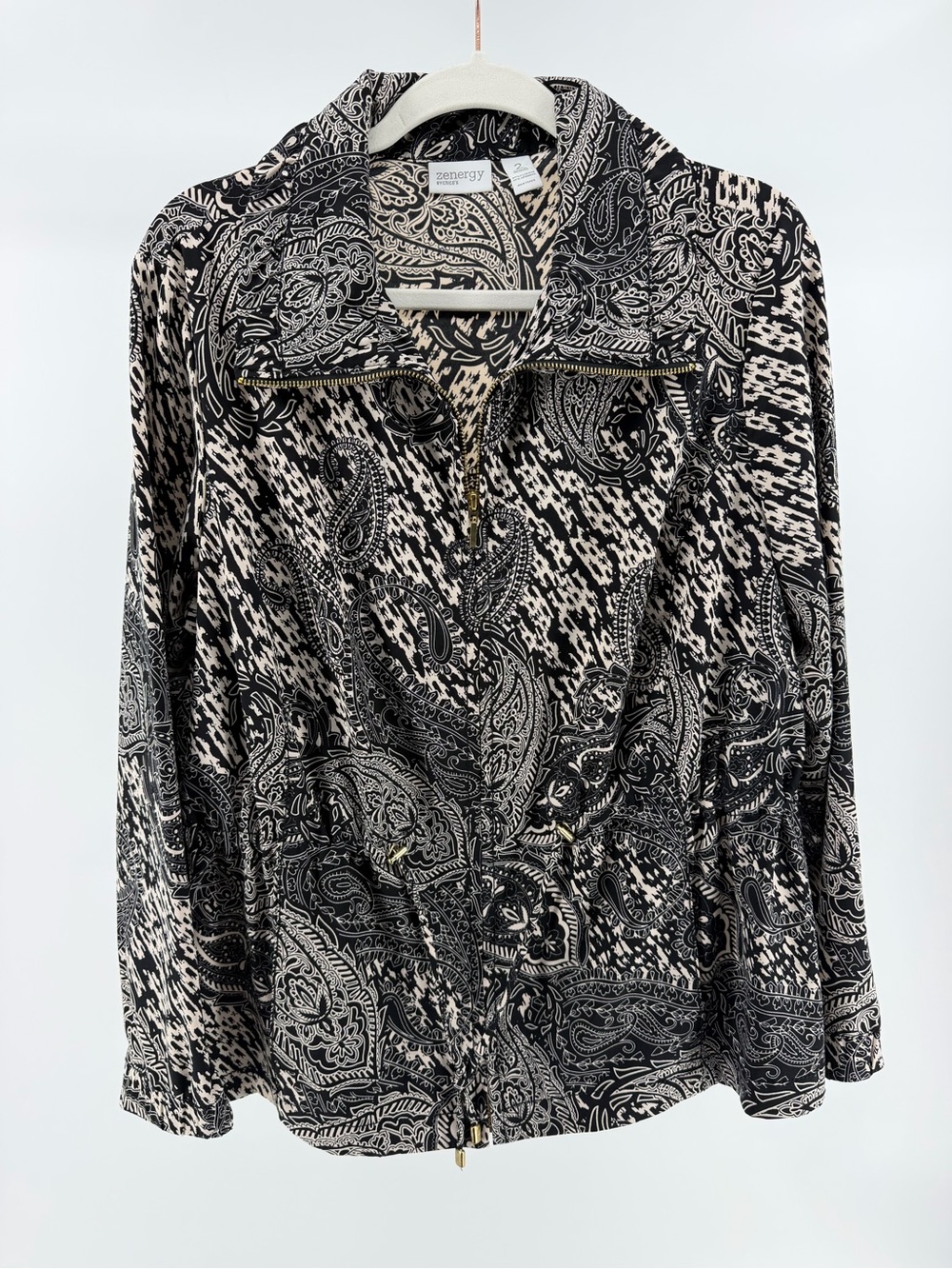 Chico's Zenergy Black Cream Paisley Zip-Front Jacket, Women's Large (2)